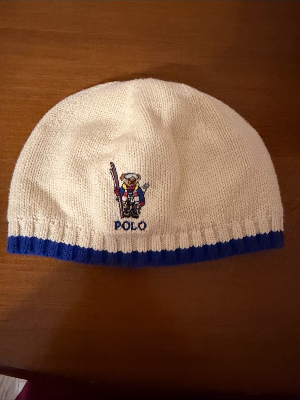 Ralph Lauren Kids White Knit Beanie with Blue Trim and Embroidered Polo Bear